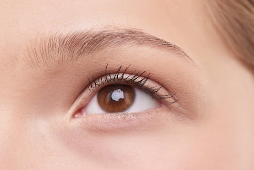 Detailed close-up of a woman's natural brown eye, showcasing eyelashes and eyebrow.